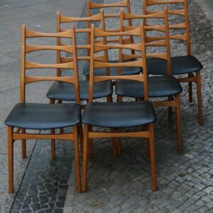 Set of 6 mid century dining chairs / inked beech / skai