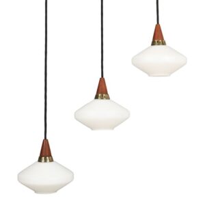 Set of 3 teak / glass pendant lamps / Mid-century Danish modern design / 1960s