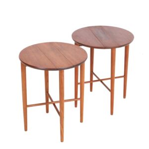 2er-Set runde Mid Century Teak-Beistelltische von Carlo Jensen für Poul Hundevad / 60er / Danish Modern Design / faltbar