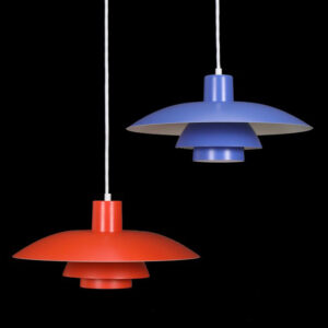 2er-Set Louis Poulsen “PH 4-3” Hängeleuchten / Poul Hennigsen / mid century / Danish modern design / orange + blau
