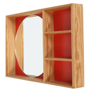 Mid-Century Wall Shelf with Mirror / 1970s / Maritime Pine / Danish Modern Design / Red-Orange