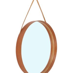 Rare round “#103” wall mirror / teak, leather, brass / by Glas Mäster, Markaryd, Sweden / 1960s / 1970s / Mid-Century Modern Design
