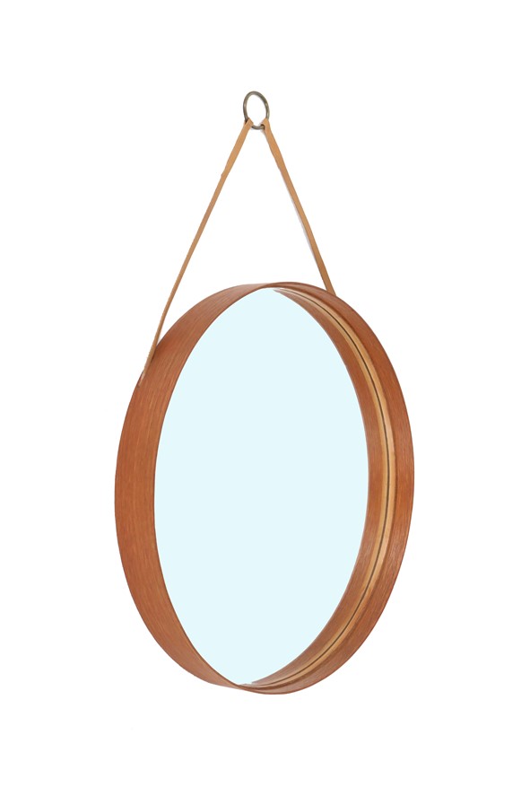 Seltener Wandspiegel „# 103“ / Teak, Leder, Messing / von Glas Mäster, Markaryd, Schweden / 60er / 70er / Mid Century Modern Design / Spiegel
