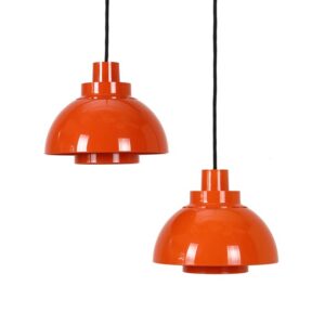 2er-Set Nordisk Solar Compagni / K. Kewo “Minisol” Hängeleuchten / Mid Century Danish Modern Design / Space Age / orange