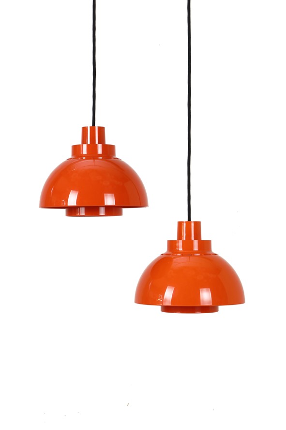 2er-Set Nordisk Solar Compagni / K. Kewo “Minisol” Hängeleuchten / Mid Century Danish Modern Design / Space Age / orange