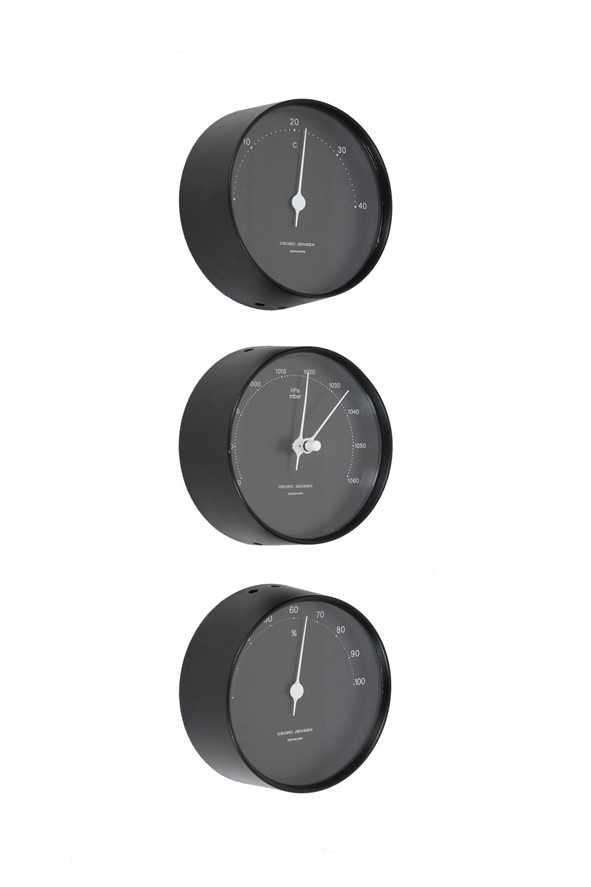 Dreiteilige Wetterstation von Henning Koppel für Georg Jensen / Danish Modern Design / schwarz / Thermometer / Barometer / Hygrometer