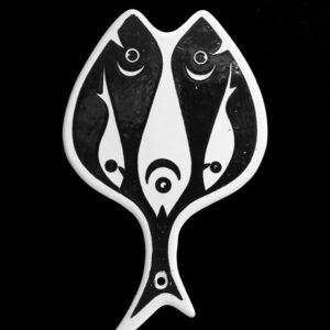 Mid century Voss „Fische im Fisch“ Gusseisen-Untersetzer / Emaille / Danish modern design